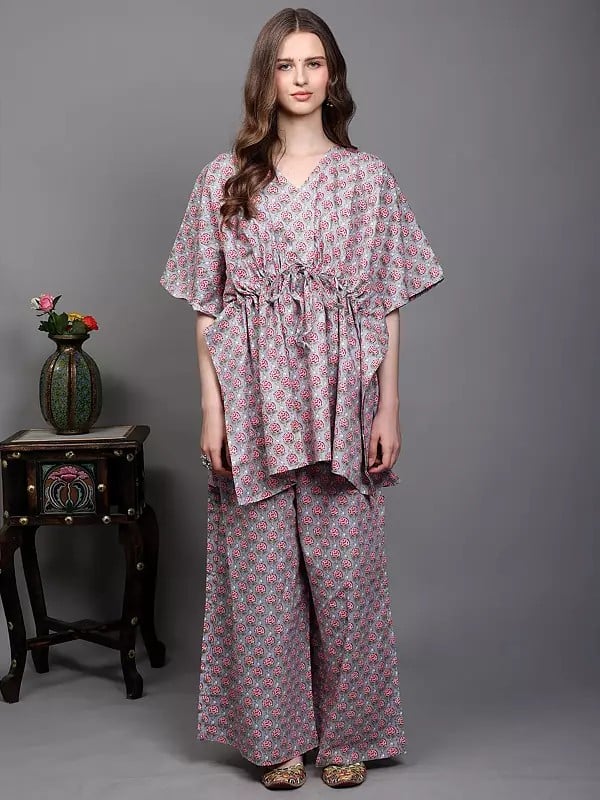 exotic india Pure Cotton Kaftan Style Co-Ord Set with Printed Floral Bootis