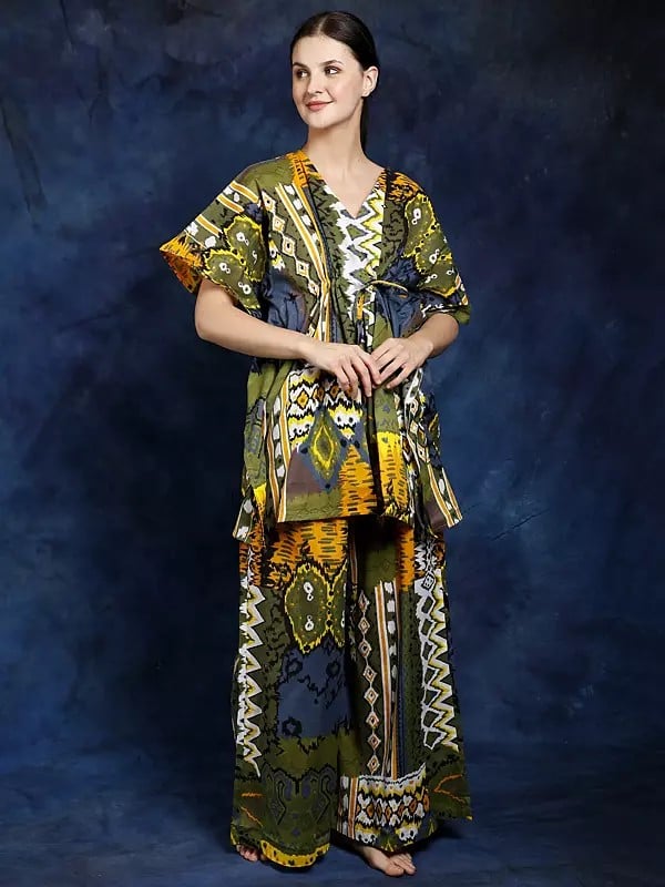 Exotic India Pure Cotton Kaftan Style Printed Co-Ord Set