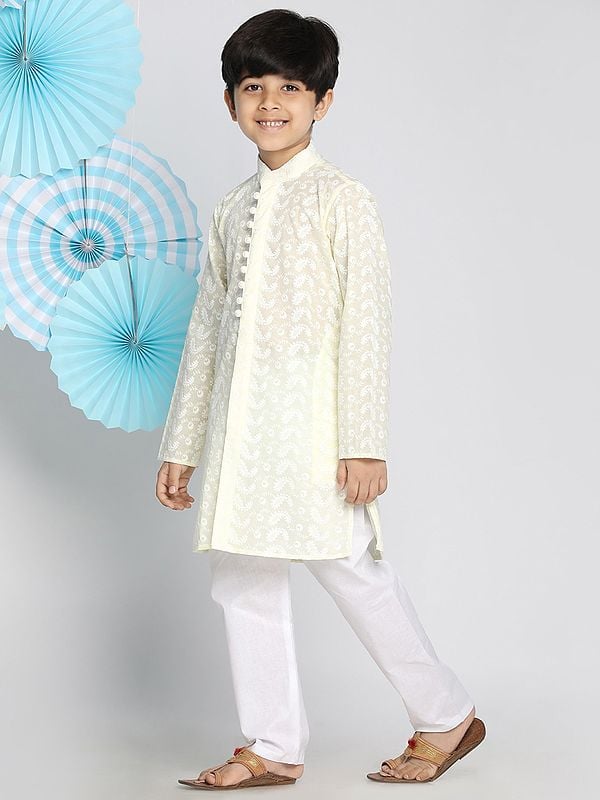 Exotic India Pure Cotton Kalka Motif Lukhnowi Chikankari Kurta With White Pajama 