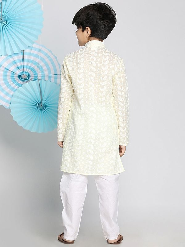 Exotic India Pure Cotton Kalka Motif Lukhnowi Chikankari Kurta With White Pajama 