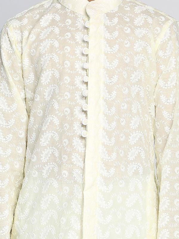 Exotic India Pure Cotton Kalka Motif Lukhnowi Chikankari Kurta With White Pajama 