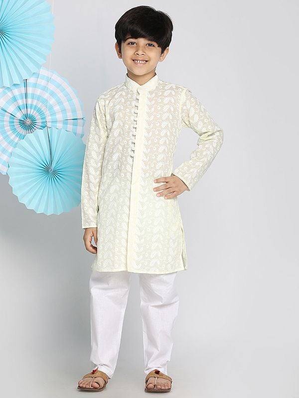 exotic india Pure Cotton Kalka Motif Lukhnowi Chikankari Kurta With White Pajama 