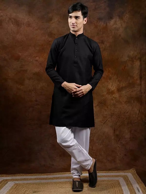 Exotic India Pure Cotton Plain Casual Kurta With Elastic Waist White Pajama 