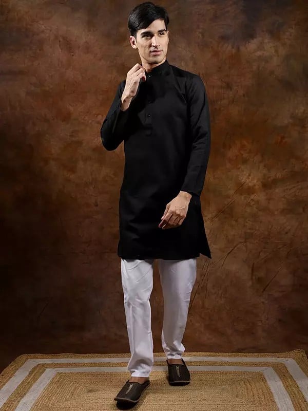 Exotic India Pure Cotton Plain Casual Kurta With Elastic Waist White Pajama 