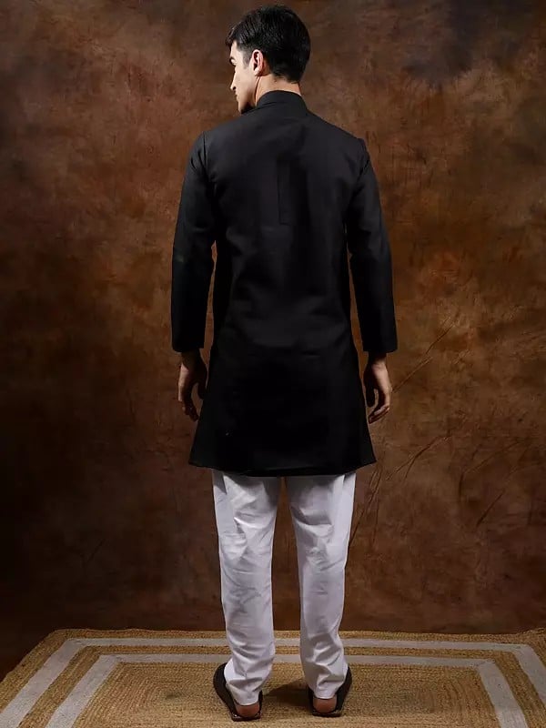 Exotic India Pure Cotton Plain Casual Kurta With Elastic Waist White Pajama 