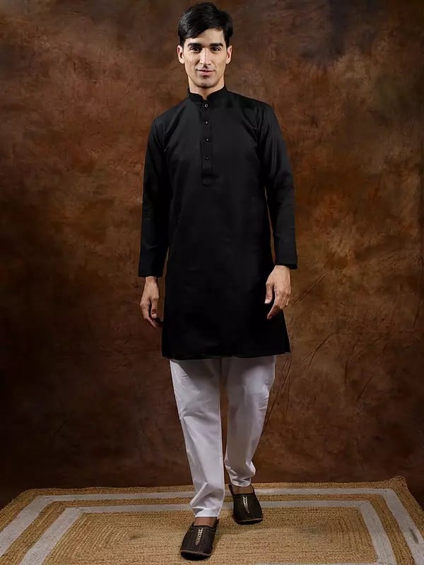 exotic india Pure Cotton Plain Casual Kurta with Elastic Waist White Pajama 