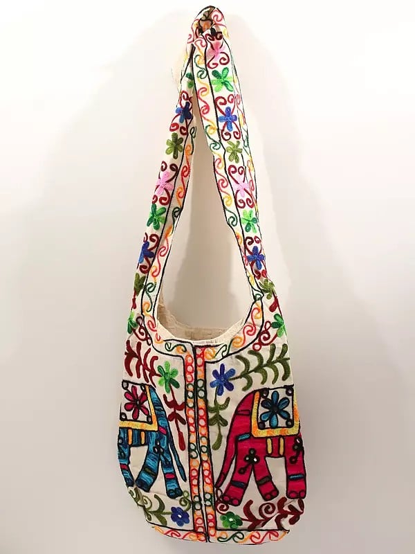 exotic india Pure Cotton Shopper Bag with Aari Embroidered Elephants and Florals 