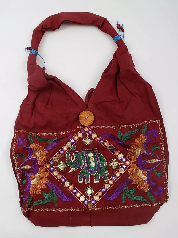 exotic india Pure Cotton Shopper Bag with Zari and Mirror Embroidered Patch 