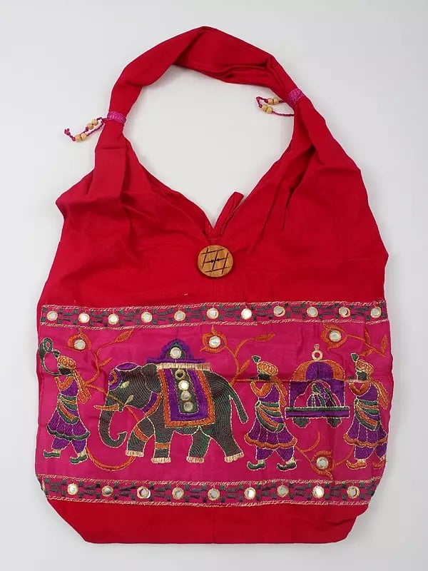 exotic india Pure Cotton Shopper Bag with Zari and Mirror Embroidered Patch and Wedding Palanquin Motif 