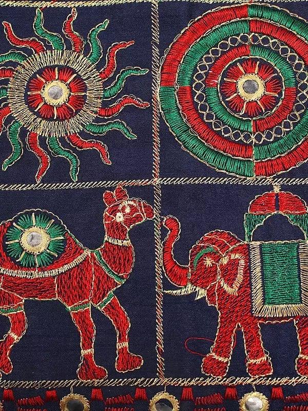 Exotic India Pure Cotton Shoulder Bag From Gujarat With Zari-Mirror Embroidered Patch And Camel-Elephant Motif