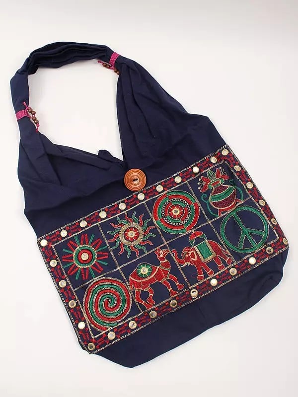 exotic india Pure Cotton Shoulder Bag from Gujarat with Zari-Mirror Embroidered Patch and Camel-Elephant Motif 