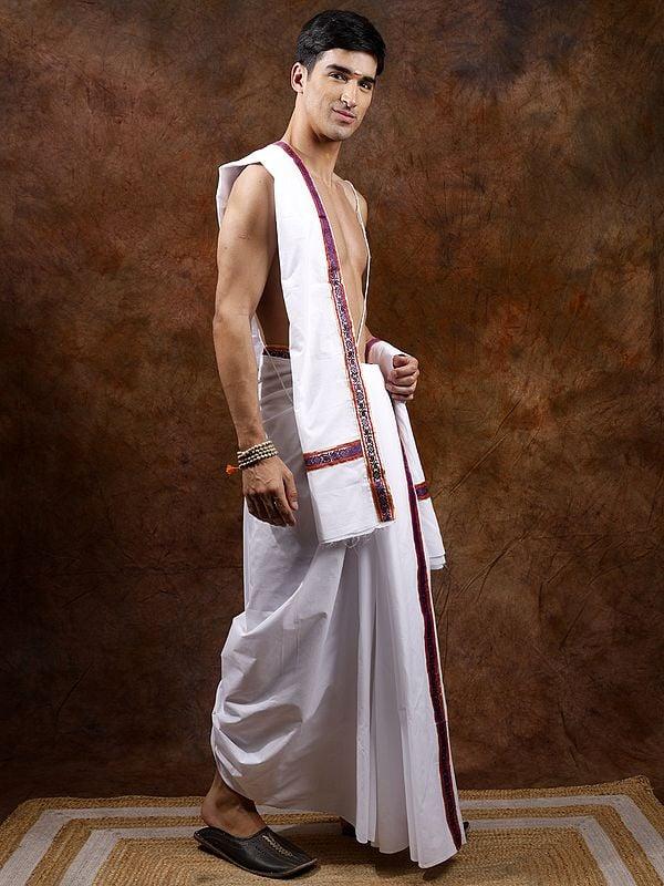 Exotic India Pure Cotton Traditional Dhoti And Angavastram Set With Gota Patch Border 