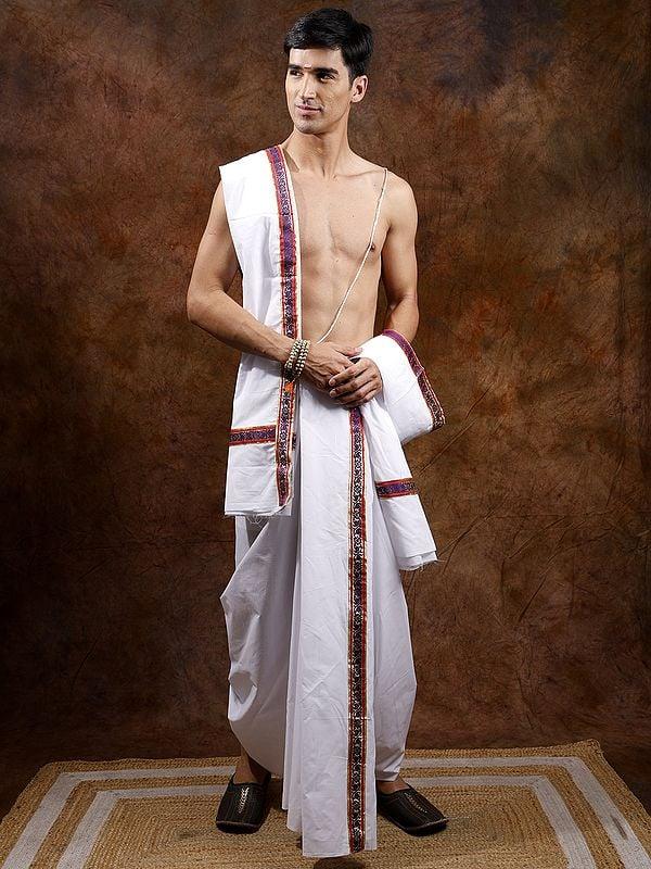 Exotic India Pure Cotton Traditional Dhoti And Angavastram Set With Gota Patch Border 