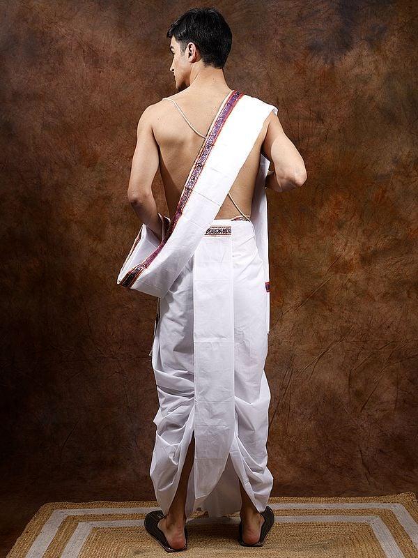 Exotic India Pure Cotton Traditional Dhoti And Angavastram Set With Gota Patch Border 