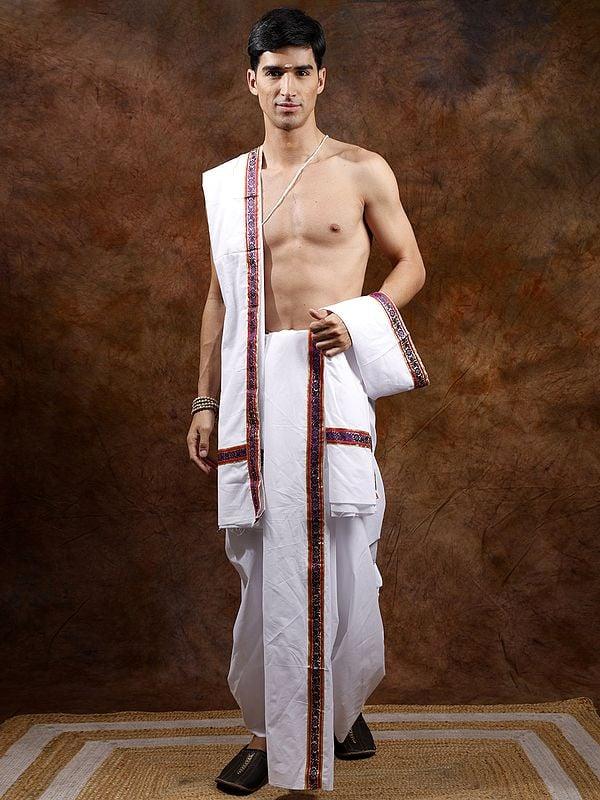 exotic india Pure Cotton Traditional Dhoti and Angavastram Set with Gota Patch Border 
