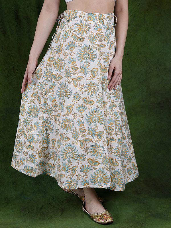 Exotic India Pure Cotton Wrap Around White Skirt With Printed Foliage