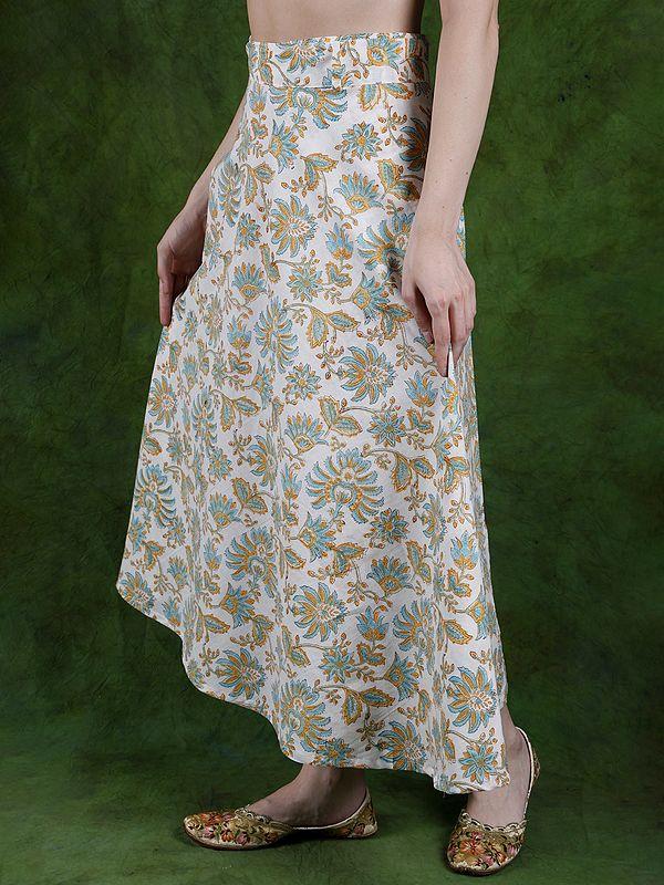 Exotic India Pure Cotton Wrap Around White Skirt With Printed Foliage
