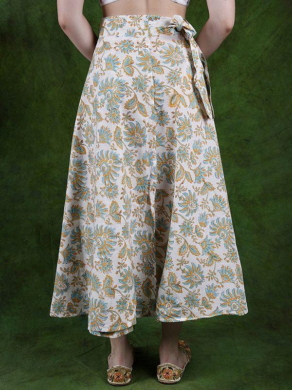 Exotic India Pure Cotton Wrap Around White Skirt With Printed Foliage