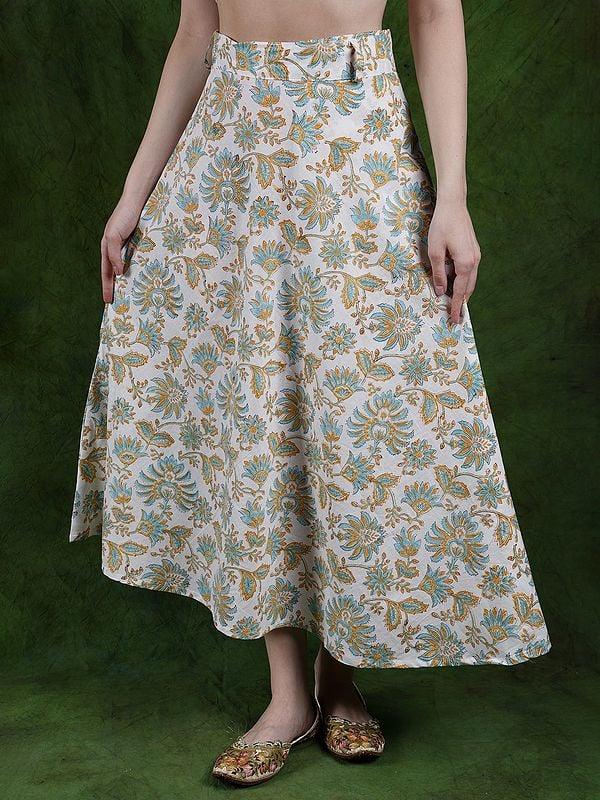 exotic india Pure Cotton Wrap Around White Skirt with Printed Foliage 
