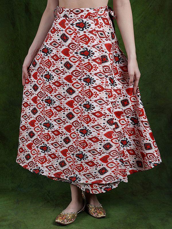 Exotic India Pure Cotton Wrap-On Long Skirt With Printed Multicolor Ikat Pattern