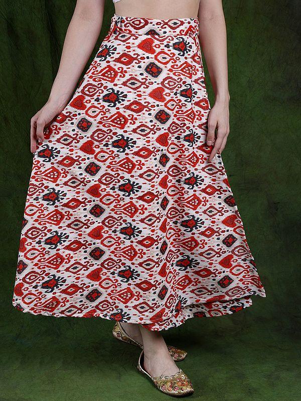 Exotic India Pure Cotton Wrap-On Long Skirt With Printed Multicolor Ikat Pattern