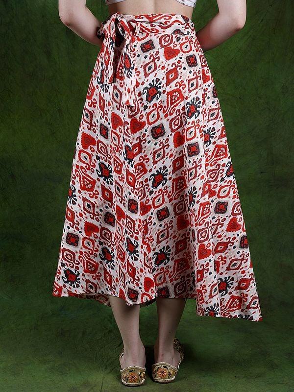 Exotic India Pure Cotton Wrap-On Long Skirt With Printed Multicolor Ikat Pattern