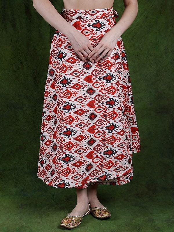 exotic india Pure Cotton Wrap-On Long Skirt with Printed Multicolor Ikat Pattern 
