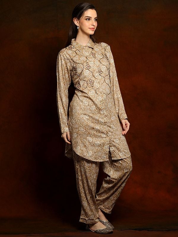 Exotic India Pure Linen Printed And Collared Co-ord Set With Glass Sequins On The Neck 