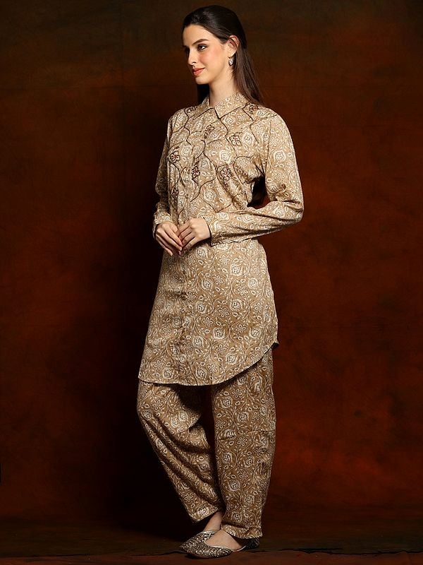 Exotic India Pure Linen Printed And Collared Co-ord Set With Glass Sequins On The Neck 