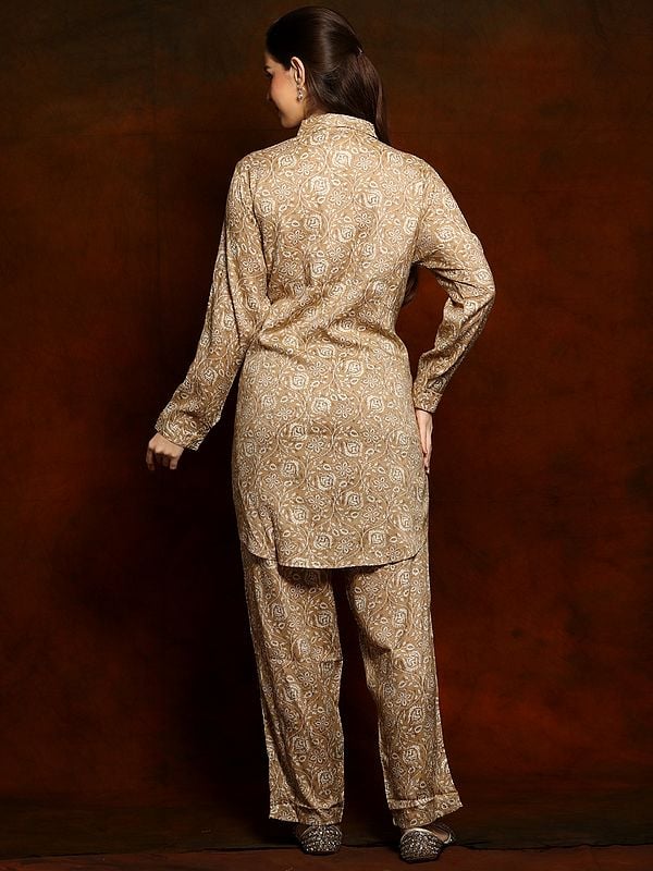 Exotic India Pure Linen Printed And Collared Co-ord Set With Glass Sequins On The Neck 