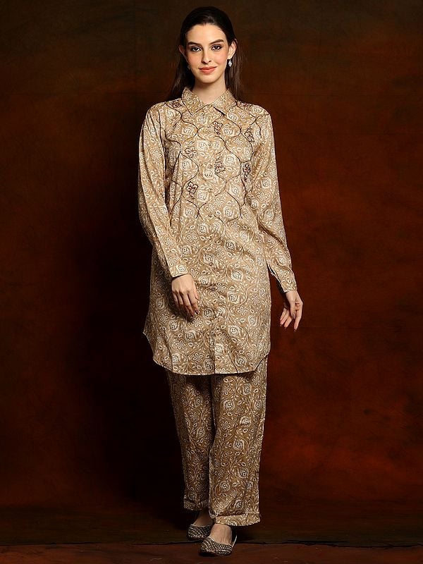 exotic india Pure Linen Printed and Collared Co-ord set with Glass Sequins on the Neck 