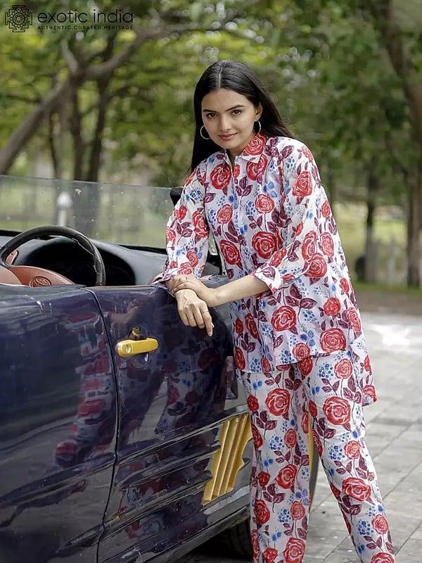 Exotic India Pure Muslin Co-Ord Set With Digital Print With Embellished Buttons 