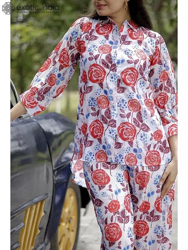 Exotic India Pure Muslin Co-Ord Set With Digital Print With Embellished Buttons 