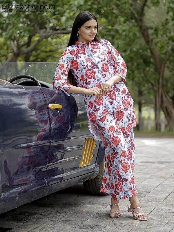 Exotic India Pure Muslin Co-Ord Set With Digital Print With Embellished Buttons 