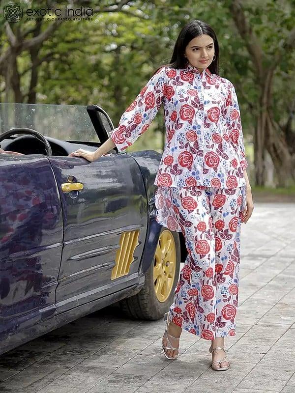 exotic india Pure Muslin Co-Ord Set with Digital Print with Embellished Buttons 