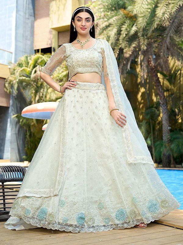 Exotic India Pure Organza Zarkan And Sequins Work Elegant Lehenga Choli With Matching Dupatta 