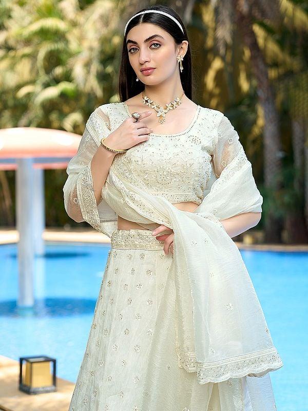 Exotic India Pure Organza Zarkan And Sequins Work Elegant Lehenga Choli With Matching Dupatta 