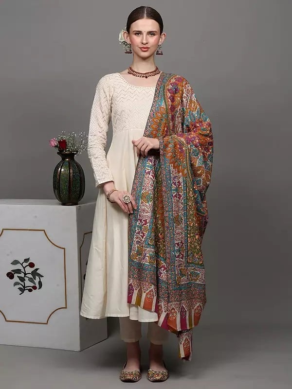 Exotic India Pure Pashmina Kani Shawl With Heavily Multicolor Sozni Hand-Embroidered Paisleys And Flowers 