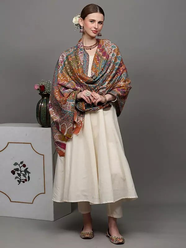 Exotic India Pure Pashmina Kani Shawl With Heavily Multicolor Sozni Hand-Embroidered Paisleys And Flowers 