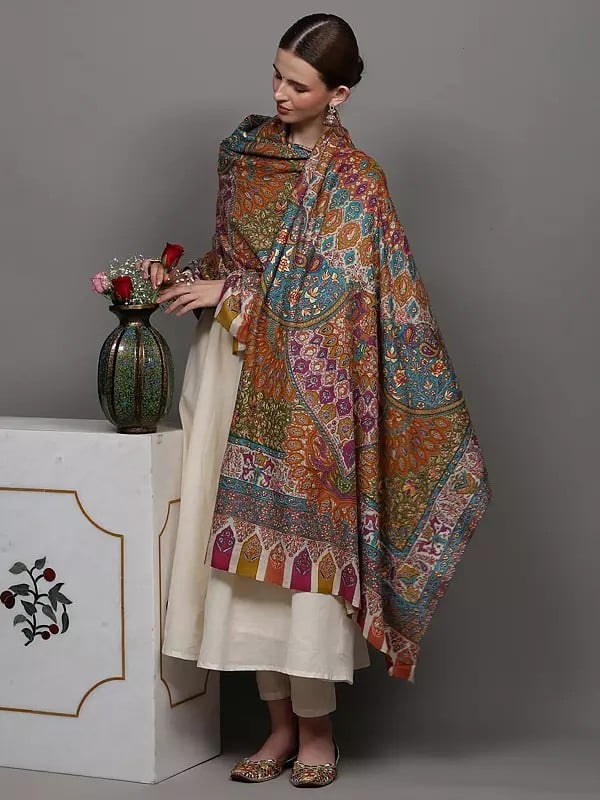 Exotic India Pure Pashmina Kani Shawl With Heavily Multicolor Sozni Hand-Embroidered Paisleys And Flowers 