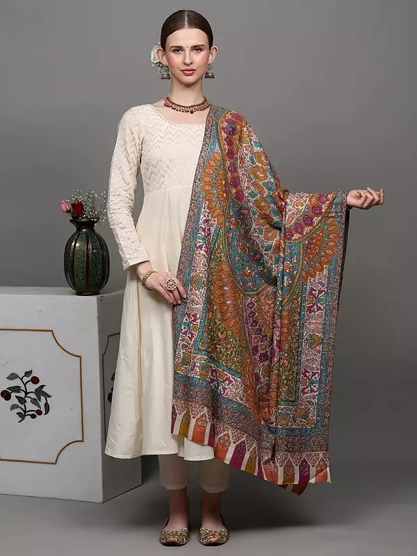 exotic india Pure Pashmina Kani Shawl with Heavily Multicolor Sozni Hand-Embroidered Paisleys and Flowers 
