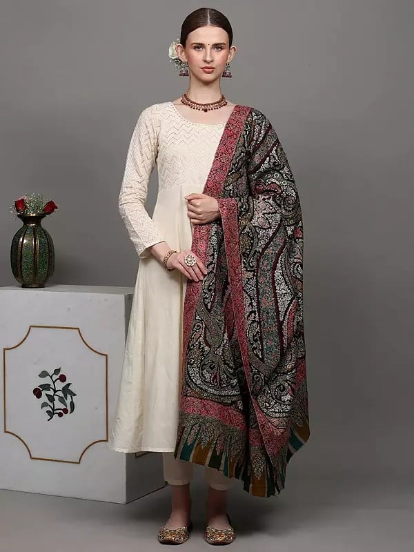 Exotic India Pure Pashmina Shawl With All-Over Intricate Sozni Embroidered Paisleys In Multicolor Thread And Kani Border 