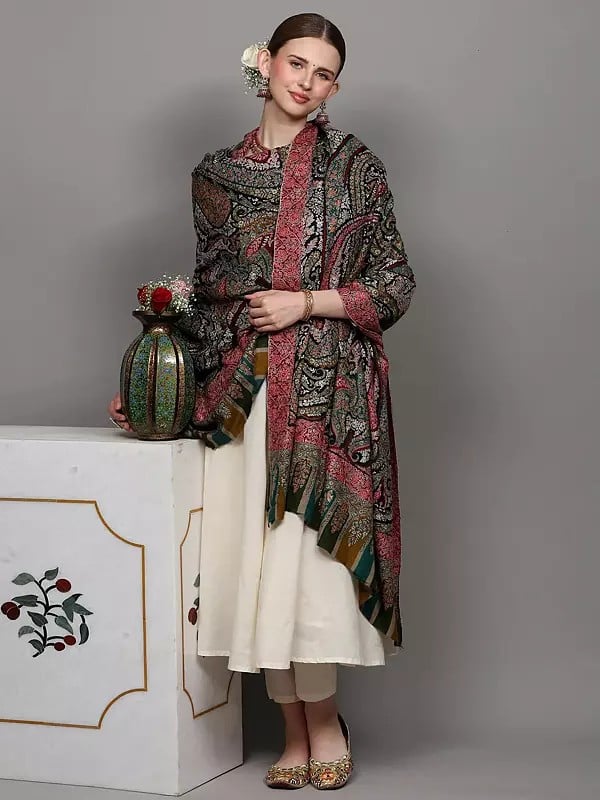 Exotic India Pure Pashmina Shawl With All-Over Intricate Sozni Embroidered Paisleys In Multicolor Thread And Kani Border 