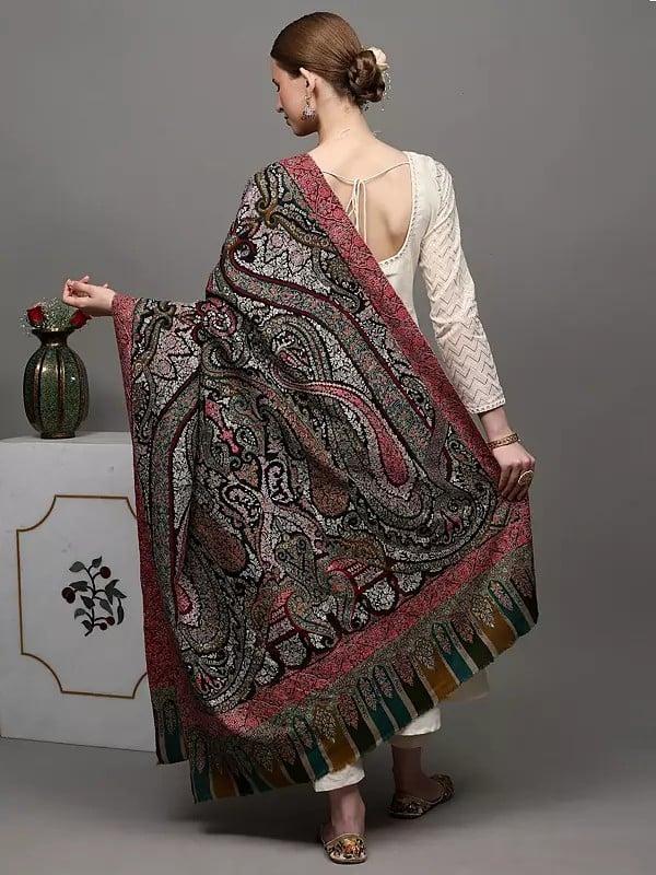 Exotic India Pure Pashmina Shawl With All-Over Intricate Sozni Embroidered Paisleys In Multicolor Thread And Kani Border 