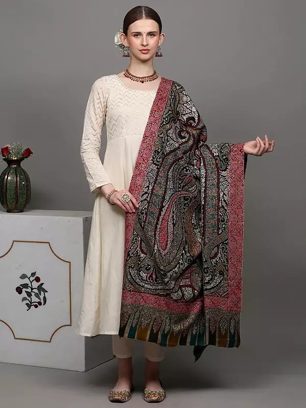 exotic india Pure Pashmina Shawl with All-Over Intricate Sozni Embroidered Paisleys in Multicolor Thread and Kani Border 