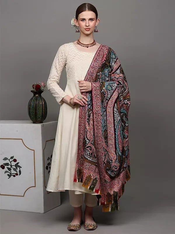 Exotic India Pure Pashmina Shawl With Multicolor Thread Sozni Embroidered Paisleys And Floral Leaves 