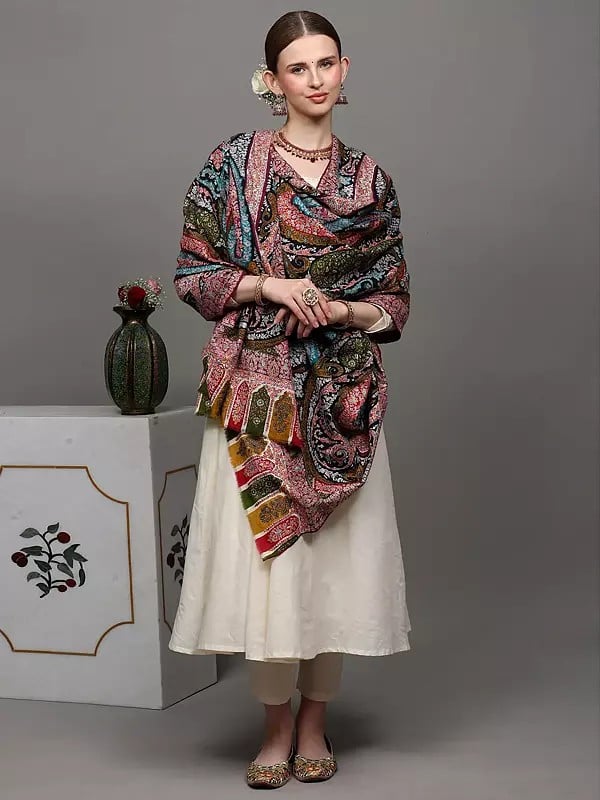 Exotic India Pure Pashmina Shawl With Multicolor Thread Sozni Embroidered Paisleys And Floral Leaves 