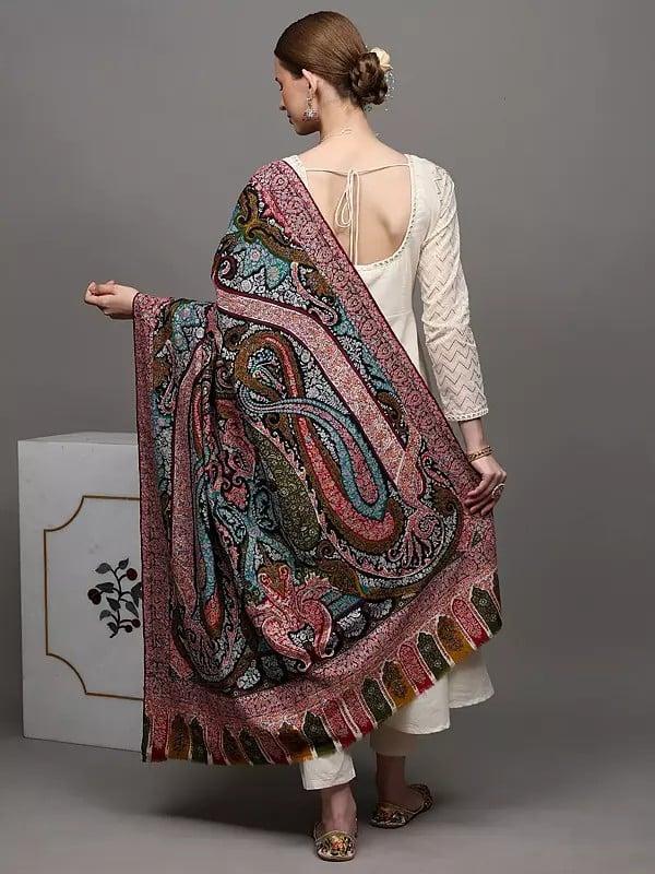Exotic India Pure Pashmina Shawl With Multicolor Thread Sozni Embroidered Paisleys And Floral Leaves 