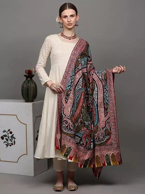 exotic india Pure Pashmina Shawl with Multicolor Thread Sozni Embroidered Paisleys and Floral Leaves 