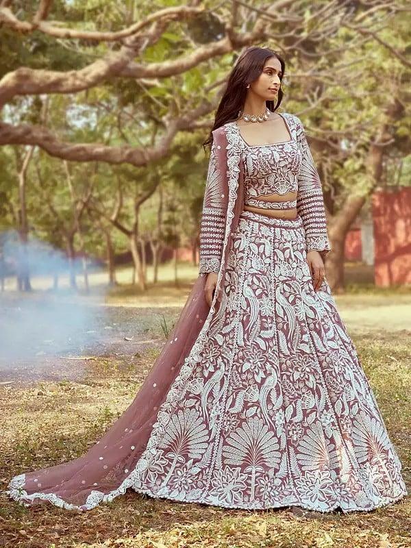 Exotic India Pure Satin Sequins And Embroidery Work Wedding Wear Lehenga Choli With Net Matching Dupatta 